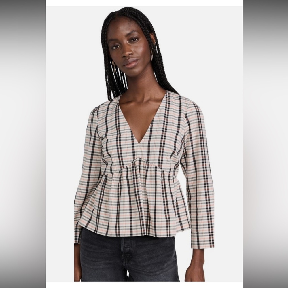 RAILS NOELLA TOP STOCKHOLM CHECK PEPLUM BLOUSE